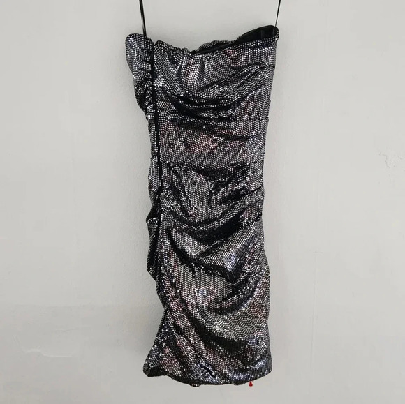 Ba&sh Maelle Embellished Sequin Strapless Bodycon Mini Dress Silver Black XS - Picture 5 of 8